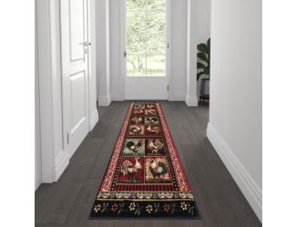 Rustic Cabin Style 2' x 7' Vintage Rooster Themed Area Rug in Black