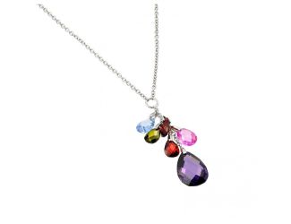 PARIKHS Rhodium Plated Clear CZ Multi Color Pear Shaped Pendant Necklace in 925 Sterling Silver
