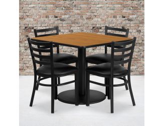 36" SQ Natural Laminate Table w/ Round Base & 4 Metal Chairs - Black Vinyl Seat