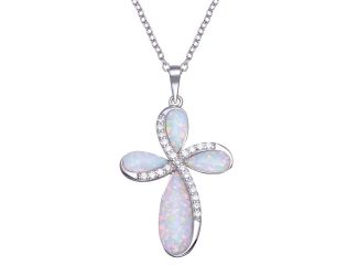 PARIKHS Rhodium Plated Opal Clear CZ Cross Necklace in 925 Sterling Silver
