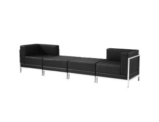 Black LeatherSoft 4 Piece Modular Chair & Ottoman Set w/Taut Back &Seat