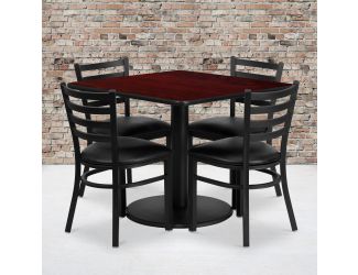 36" SQ Mahogany Laminate Table w/ Round Base & 4 Metal Chairs-Black Vinyl Seat
