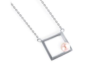 PARIKHS Rhodium Plated Open Square Fresh Water Pearl Necklace in 925 Sterling Silver