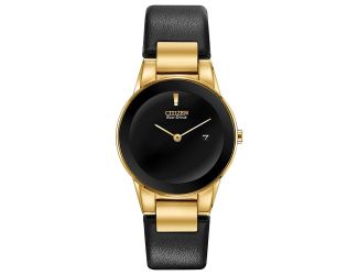 Ladies Axiom Eco-Drive Gold & Black Leather Strap Watch Black Dial