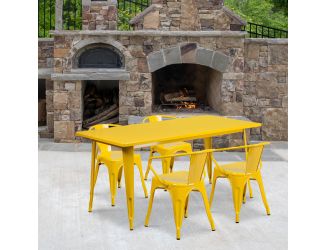 31.5" x 63" Rectangular Yellow Metal Indoor-Outdoor Table Set with 4 Arm Chairs
