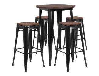 30" Round Black Metal Bar Table Set with Wood Top and 4 Backless Stools