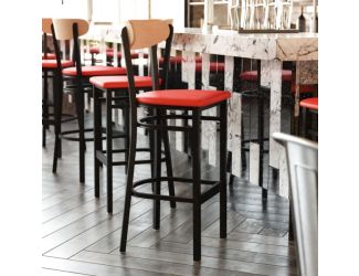 Commercial Metal Barstool with Vinyl Seat and Wood Boomerang Back-Red/Natural
