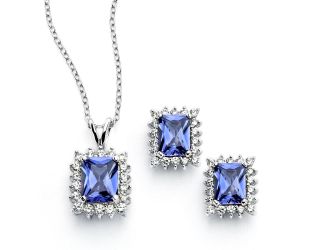 PARIKHS Rhodium Plated Clear Cluster Blue Rectangle CZ Necklace-Earring Set in 925 Sterling Silver