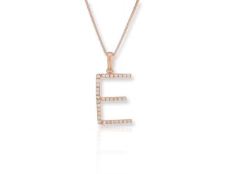 PARIKHS Initial Pendant Alphabet 'E' in CZ with chain in 925 Sterling Silver with Rose Plating