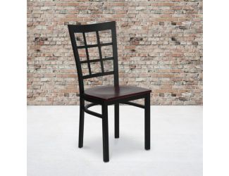 Black Window Back Metal Restaurant Chair - Mahogany Wood Seat