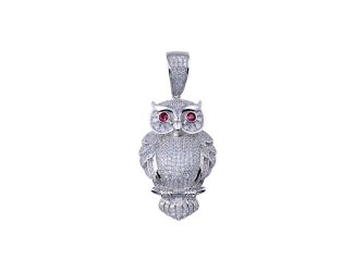 PARIKHS Men's Rhodium Plated CZ Owl Hip Hop Pendant with chain in 925 Sterling Silver