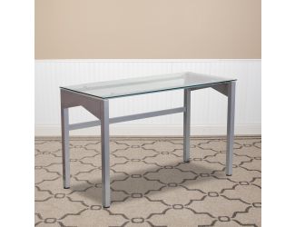 Contemporary Clear Tempered Glass Desk with Geometric Sides and Silver Frame