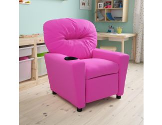 Contemporary Hot Pink Vinyl Kids Recliner with Cup Holder - Hardwood Frame