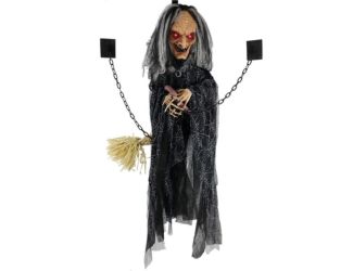 Animatronic Witch Door Greeter with Lights and Sound, Indoor/Covered Outdoor Halloween Decoration