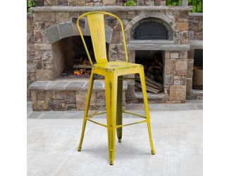 30" High Distressed Yellow Metal Indoor-Outdoor Barstool with Back