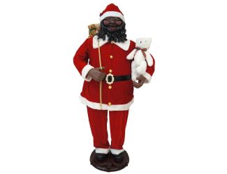 58-In. African American Dancing Santa with Toy Sack and Teddy Bear, Life-Size Motion-Activated Chris