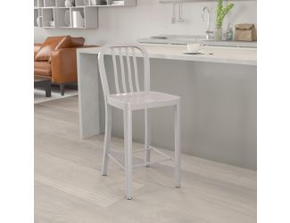 24" High Silver Metal Indoor-Outdoor Counter Height Stool w/ Vertical Slat Back