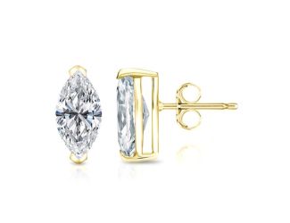 Bright White Pinnacle Marquise Lab Grown Diamond Stud in 14K Yellow Gold 1.20ct,Color-GH,Clarity-VVS