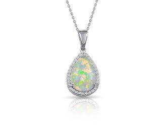 PARIKHS Rhodium Plated Teardrop Synthetic Opal Pendant Necklace with CZ in 925 Sterling Silver