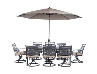 Montclair 9-Piece Dining Set in Tan with 8 Swivel Rockers, 42-In. x 84-In. Table, 11 Ft. Umbrella an