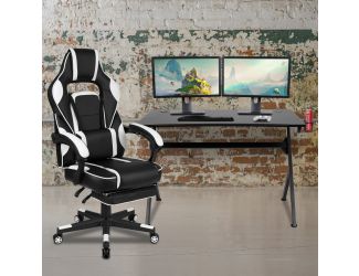 Black/White Gaming Desk Set - Cup/Headset Holder/Reclining & Footrest