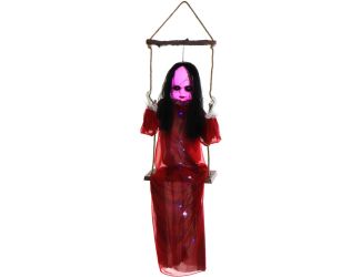 Giggling Zombie Girl on a Swing with Colorful Light-Up Body and Eyes for Scary Hanging Halloween Dec