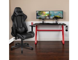 Gaming Bundle-Desk, Cup Holder/Headphone Hook & Gray Reclining Chair