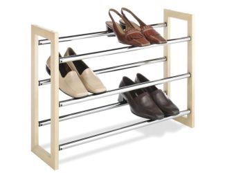Whitmor 3 Tier Expandable Shoe Rack -Stackable - Natural Wood and Chrome