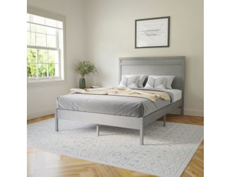 Solid Wood Platform Bed with Headboard and Wooden Slats in Gray - Full