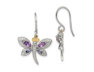 Sterling Silver 14k Accent Amethyst and Iolite and Diamond Dragonfly Earrings