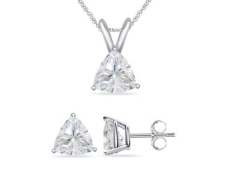 Bright White Pristine Trillion Lab Grown Diamond Pendant-Stud Set, 14K White Gold 1.20ct, GH, VS