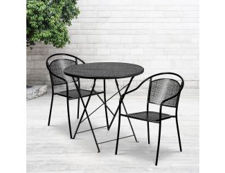 30" Round Black Indoor-Outdoor Steel Folding Patio Table Set with 2 Chairs
