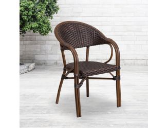 Dark Brown Rattan Restaurant Patio Chair with Red Bamboo-Aluminum Frame