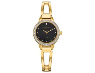 Ladies' Quartz Gold tone Crystal bangle watch with black dial