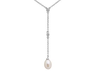 PARIKHS Rhodium Plated CZ Drop Fresh Water Pearl Necklace in 925 Sterling Silver