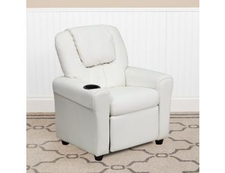 Contemporary White Vinyl Kids Recliner with Cup Holder and Headrest