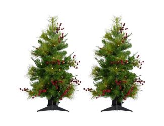 Set of Two 4-Ft. Red Berry Mixed Pine Artificial Trees with LED String Lights