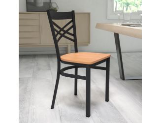 Black "X" Back Metal Restaurant Chair - Natural Wood Seat