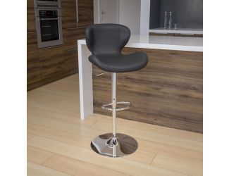 Contemporary Gray Vinyl Adjustable Barstool with Curved Back & Chrome Base