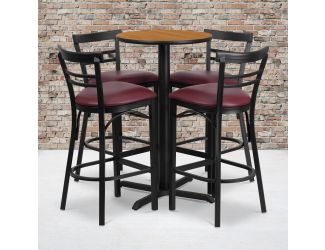 24" Round Natural Laminate Table Set with X-Base & 4 Metal Vinyl Seat Barstools