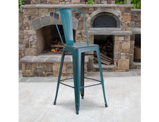 30" High Distressed Kelly Blue-Teal Metal Indoor-Outdoor Barstool with Back