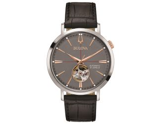 Mens Classic Automatic Black Leather Watch Gray Dial