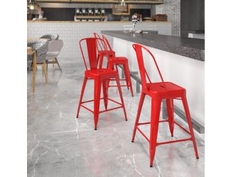 24" High Red Metal Indoor-Outdoor Counter Height Stool with Back
