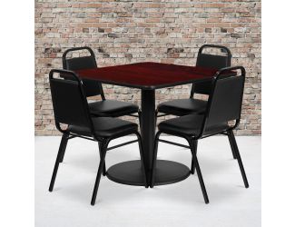 36" Square Mahogany Laminate Table with Round Base and 4 Black Banquet Chairs