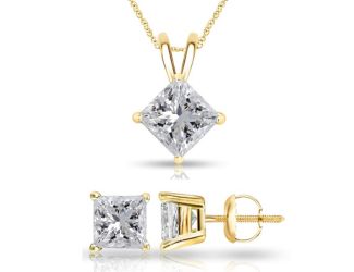 Bright White Pristine Princess cut Lab Grown Diamond Screwback Set in 14K Yellow Gold 1.20ct, GH, VS