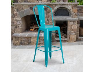 30" High Crystal Teal-Blue Metal Indoor-Outdoor Barstool with Back
