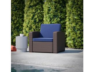 Chocolate Brown Faux Rattan Chair with All-Weather Navy Cushion