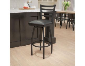 Black Ladder Back Swivel Metal Barstool - Black Vinyl Seat