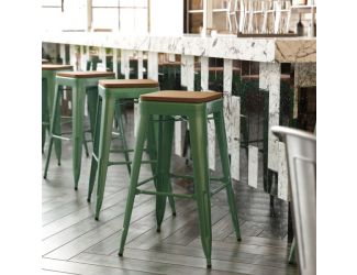 Indoor/Outdoor Backless Bar Stool with Poly Seat - Green/Teak