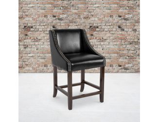 24"H Walnut Counter Stool with Accent Nail Trim - Black LeatherSoft